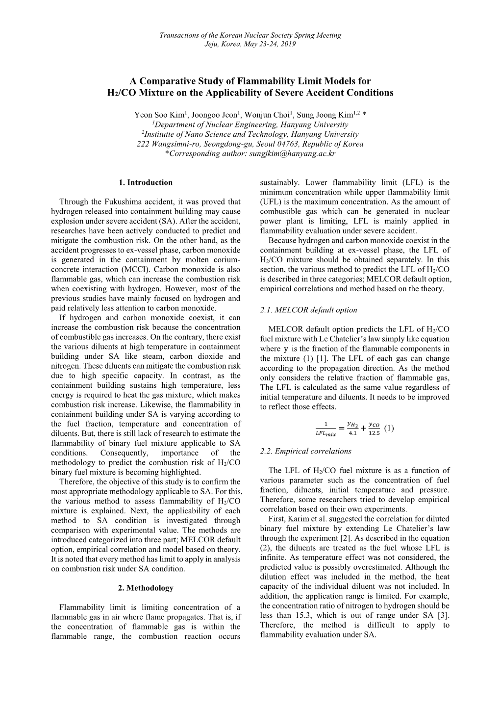 A Comparative Study of Flammability Limit Models for H2/CO Mixture on the Applicability of Severe Accident Conditions