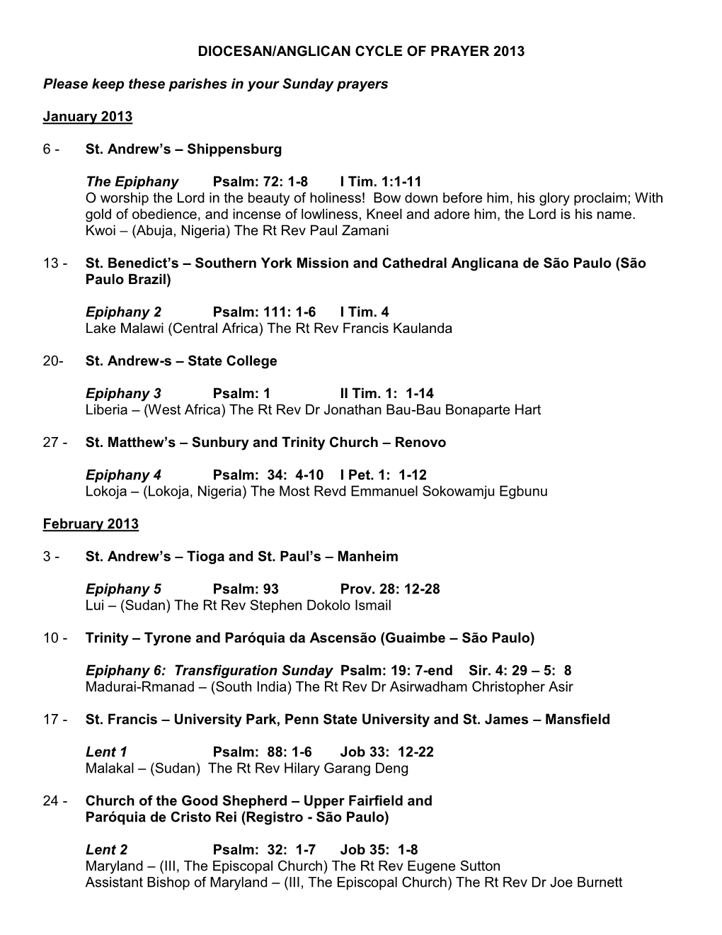 DIOCESAN/ANGLICAN CYCLE of PRAYER 2013 Please Keep These Parishes in Your Sunday Prayers January 2013 6