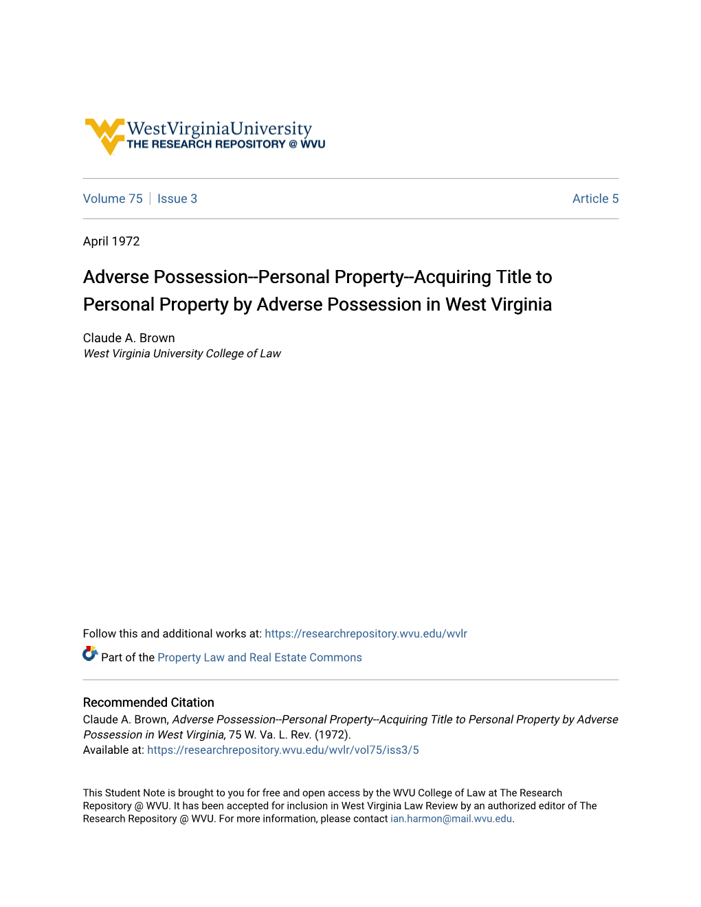 Adverse Possession--Personal Property--Acquiring Title to Personal Property by Adverse Possession in West Virginia