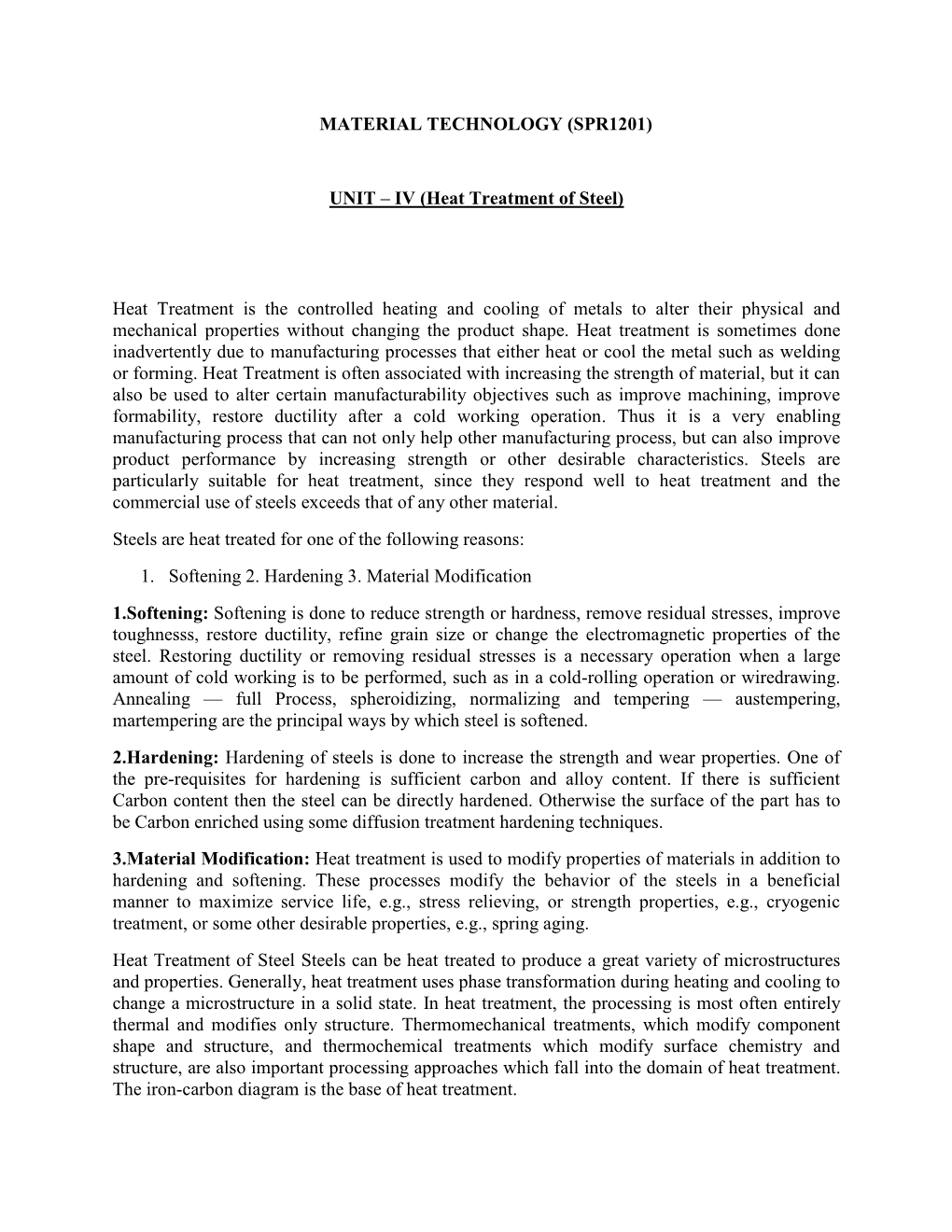 SPR1201) UNIT – IV (Heat Treatment of Steel