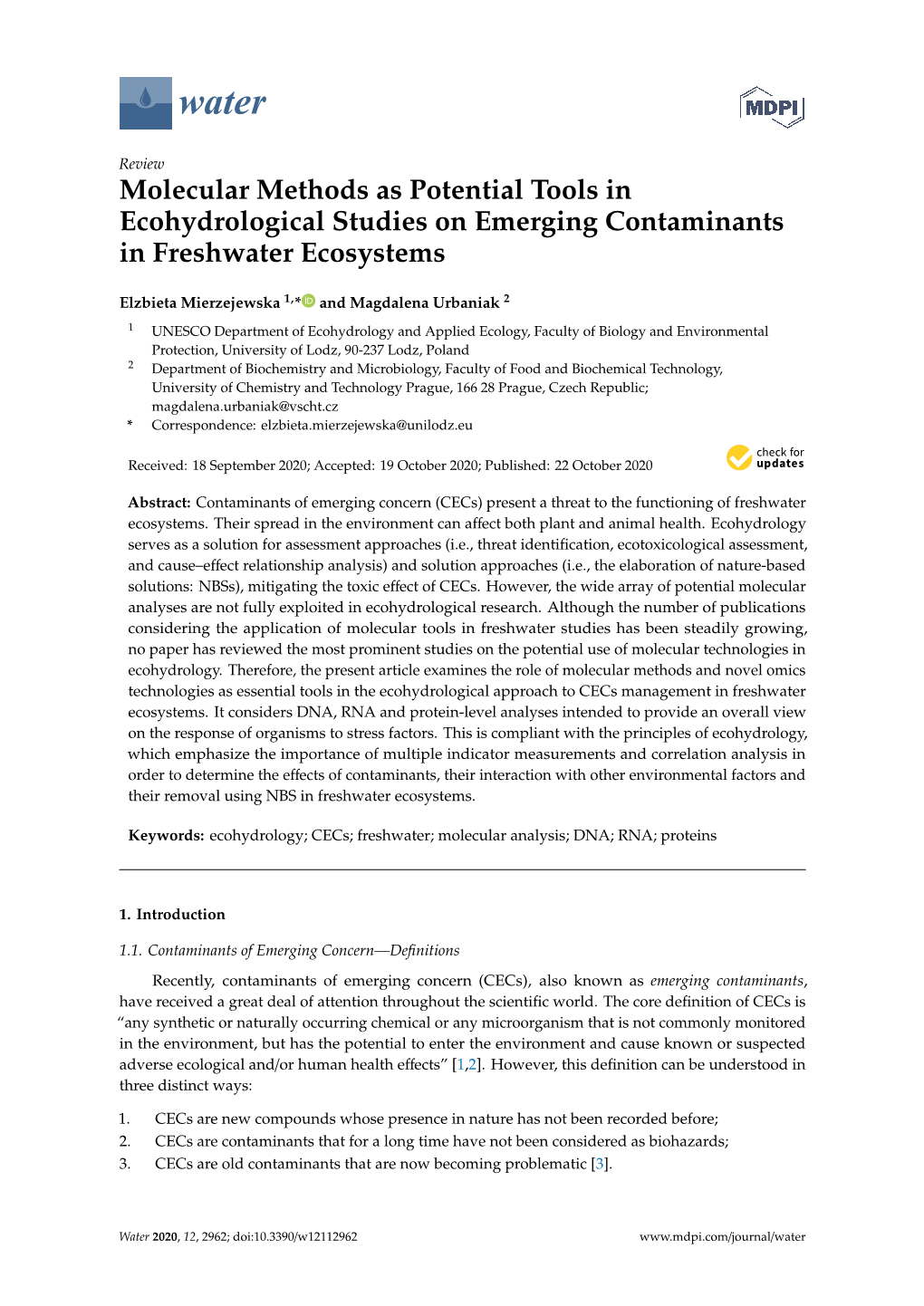 Molecular Methods As Potential Tools in Ecohydrological Studies on Emerging Contaminants in Freshwater Ecosystems