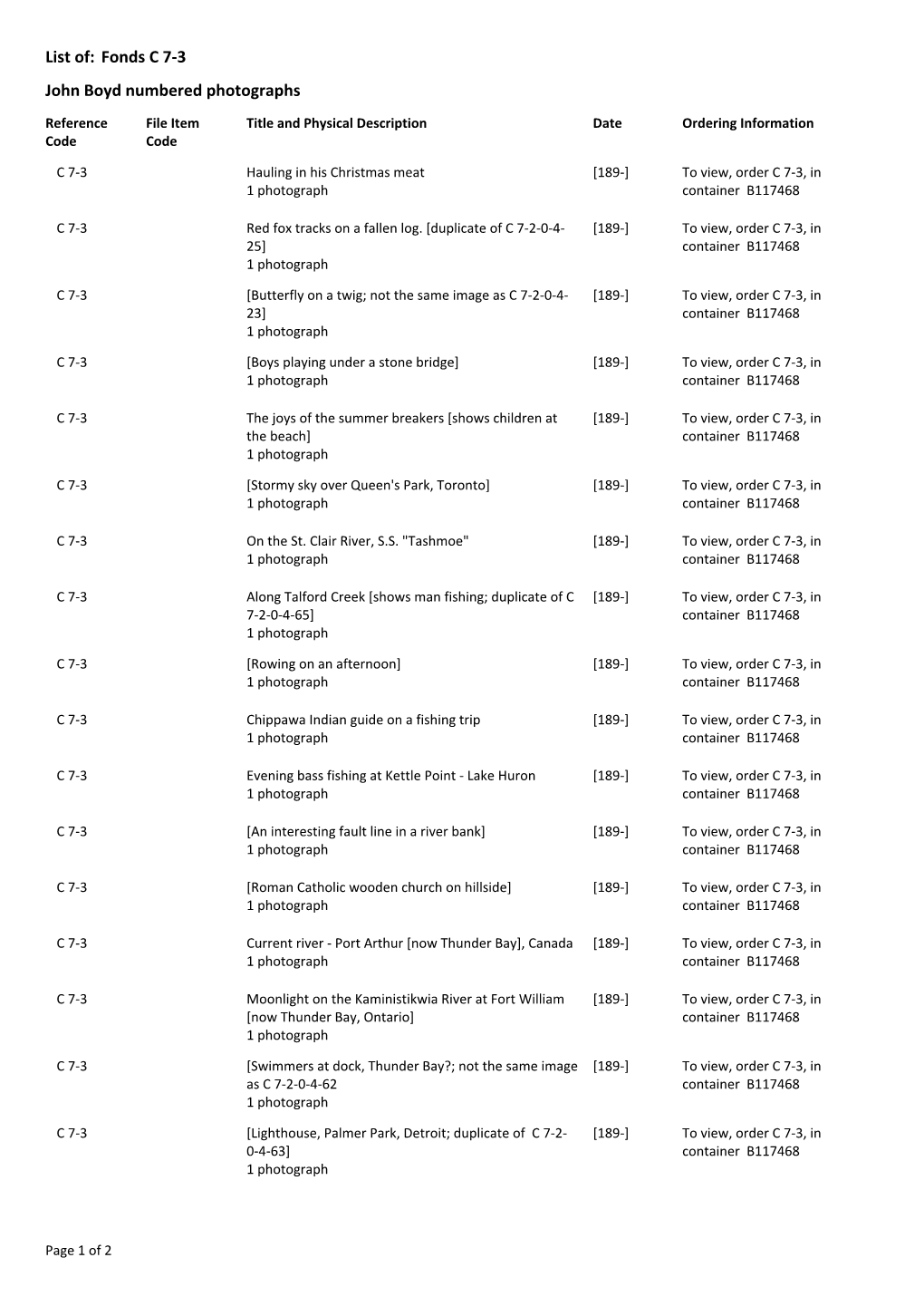 Fonds C 7-3 John Boyd Numbered Photographs