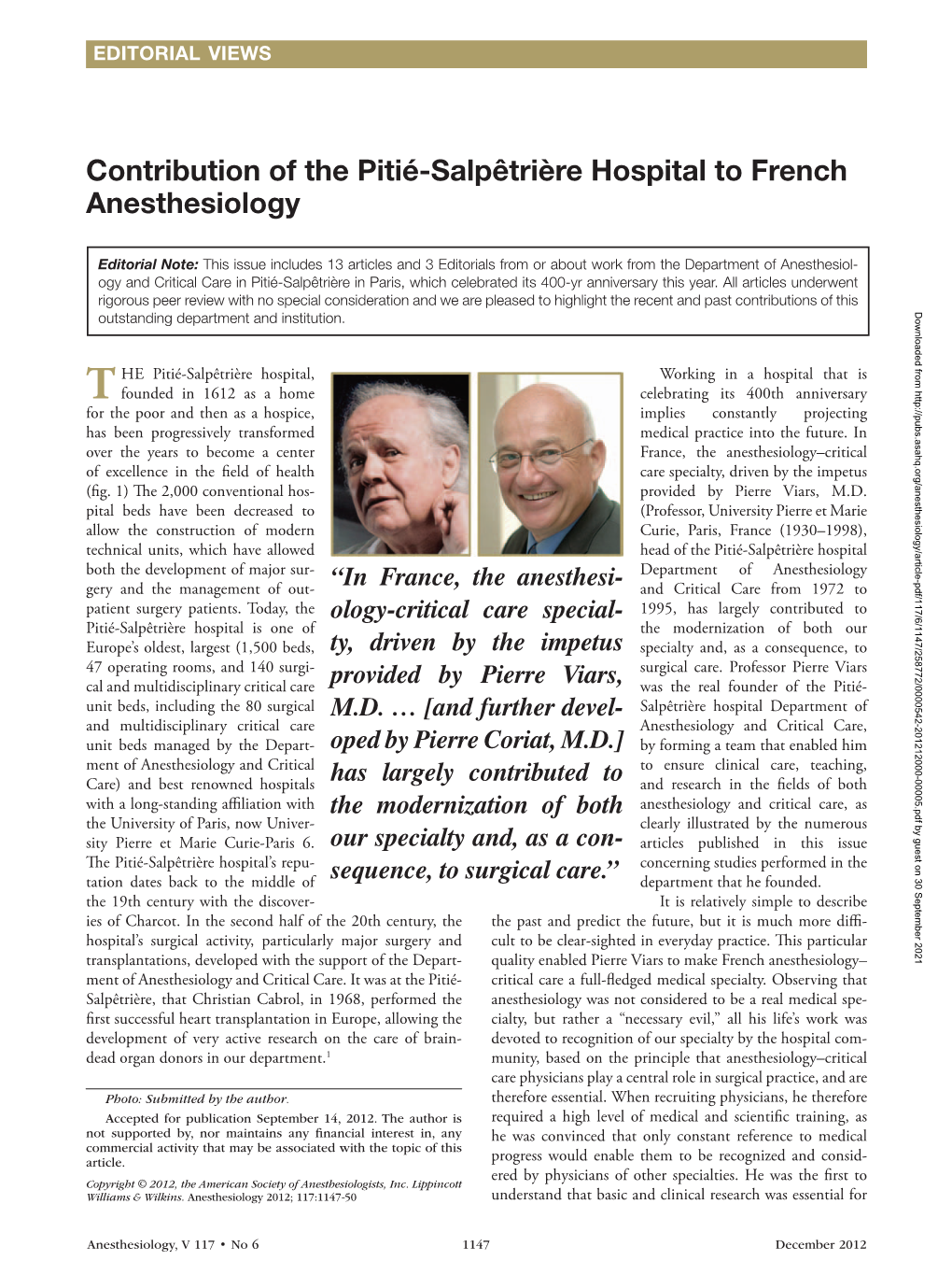 Contribution of the Pitié-Salpêtrière Hospital to French Anesthesiology