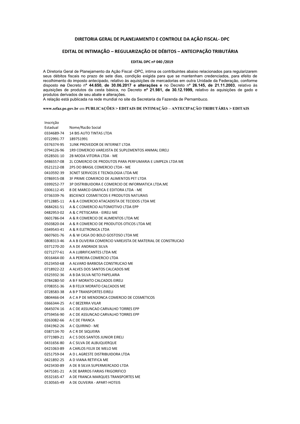 Dpc Edital De Intimação – Regularização De Débitos