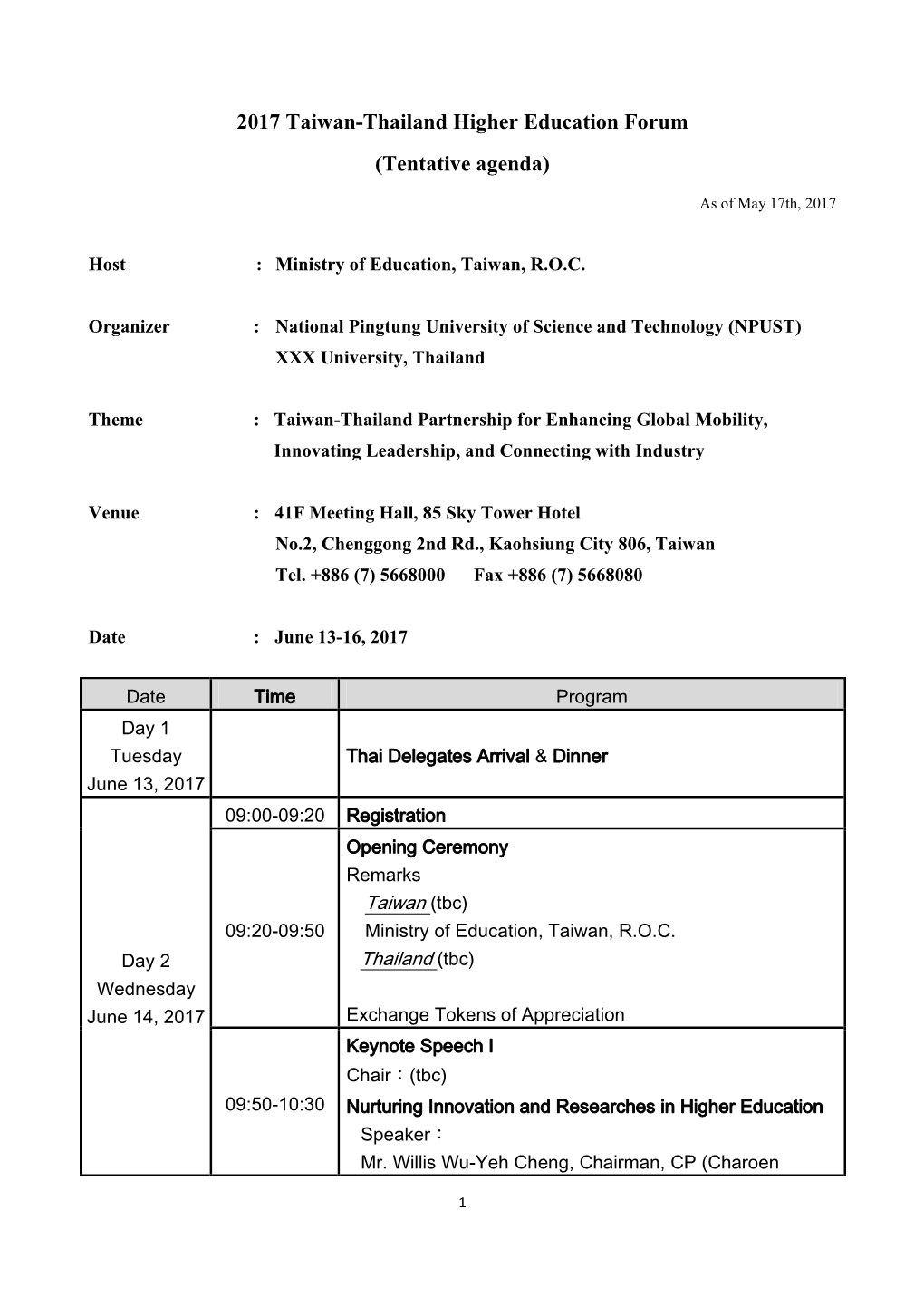 2017 Taiwan-Thailand Higher Education Forum (Tentative Agenda)