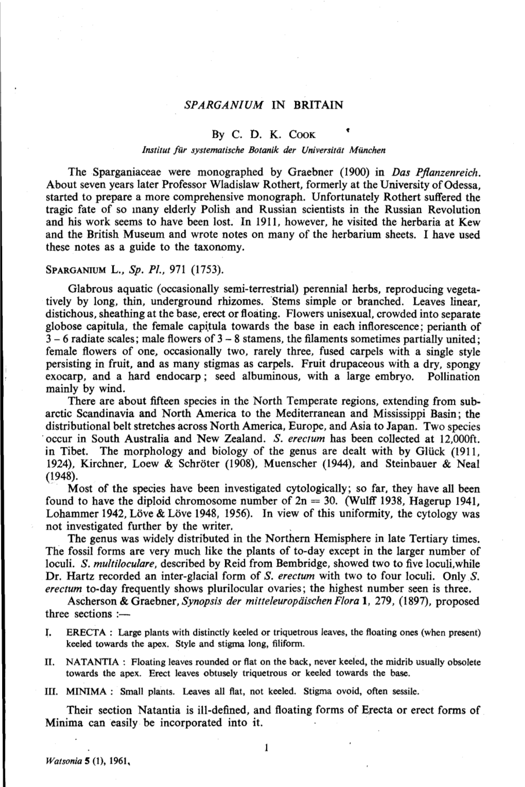 By C. D. K. COOK the Sparganiaceae Were Monographed by Graebner