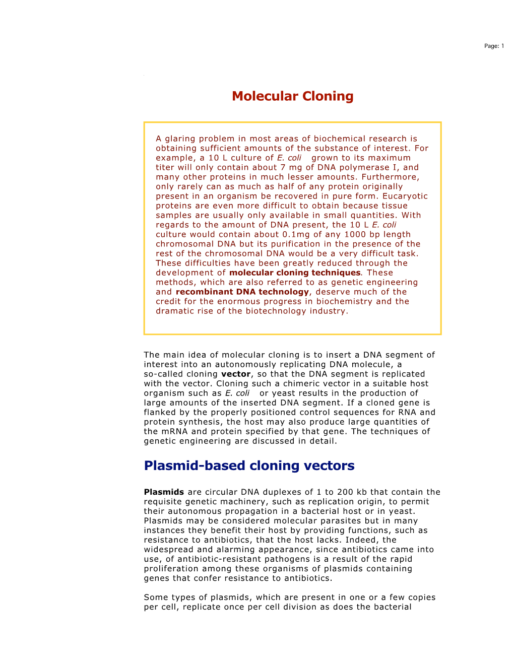 Molecular Cloning Plasmid-Based Cloning Vectors