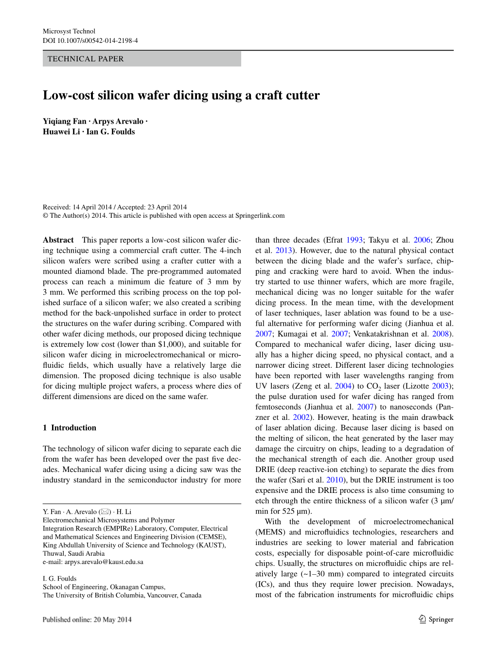 Low‑Cost Silicon Wafer Dicing Using a Craft Cutter