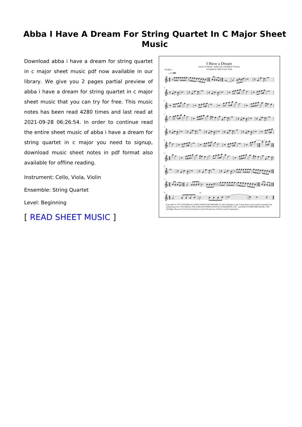 Abba I Have a Dream for String Quartet in C Major Sheet Music