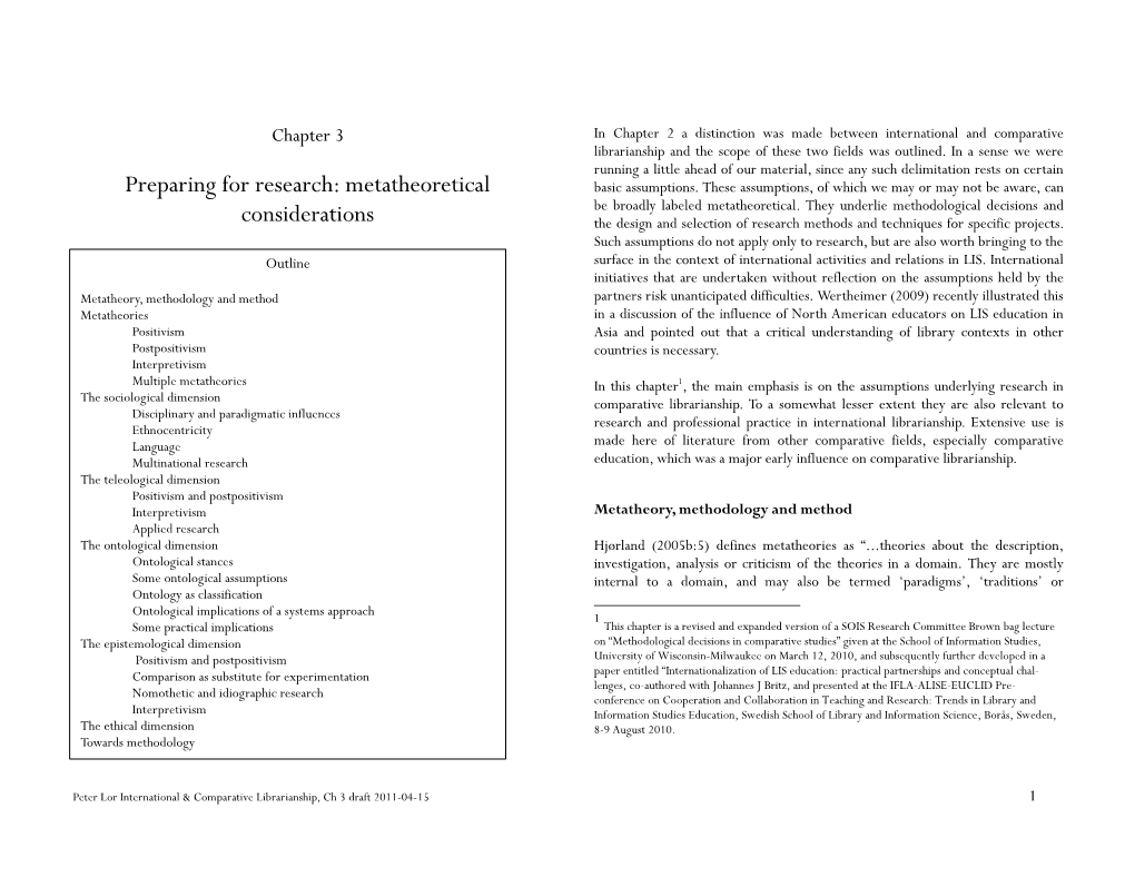 Preparing for Research: Metatheoretical Considerations