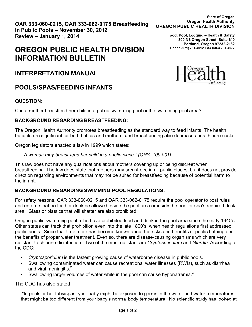 Breastfeeding in Public Pools – November 30, 2012 Page 2