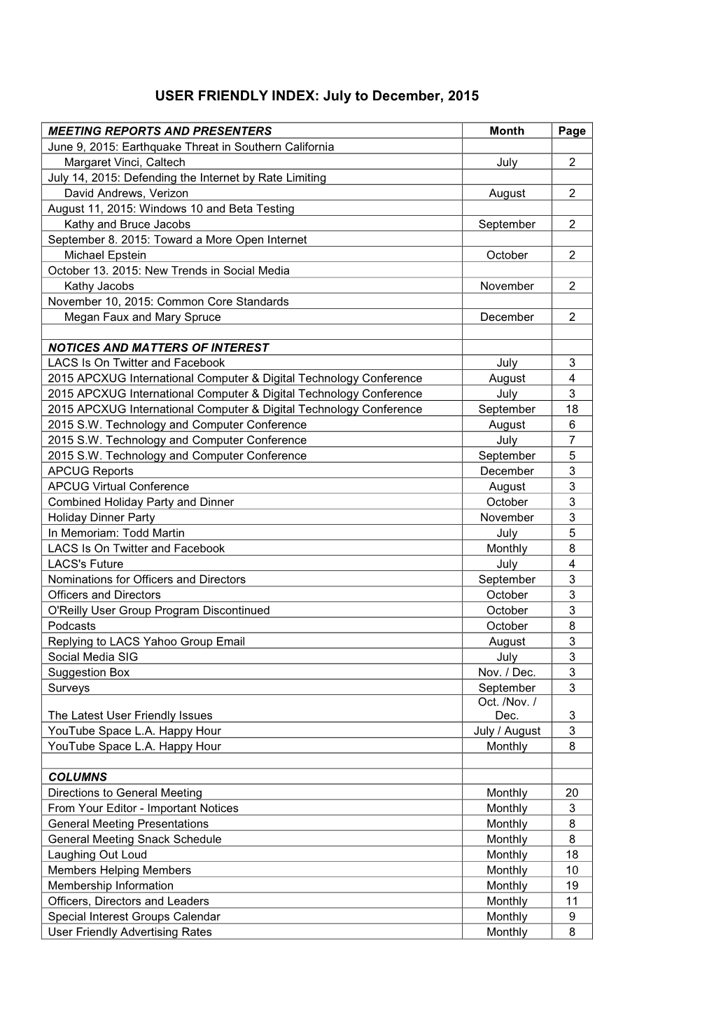 USER FRIENDLY INDEX June-Dec 2015