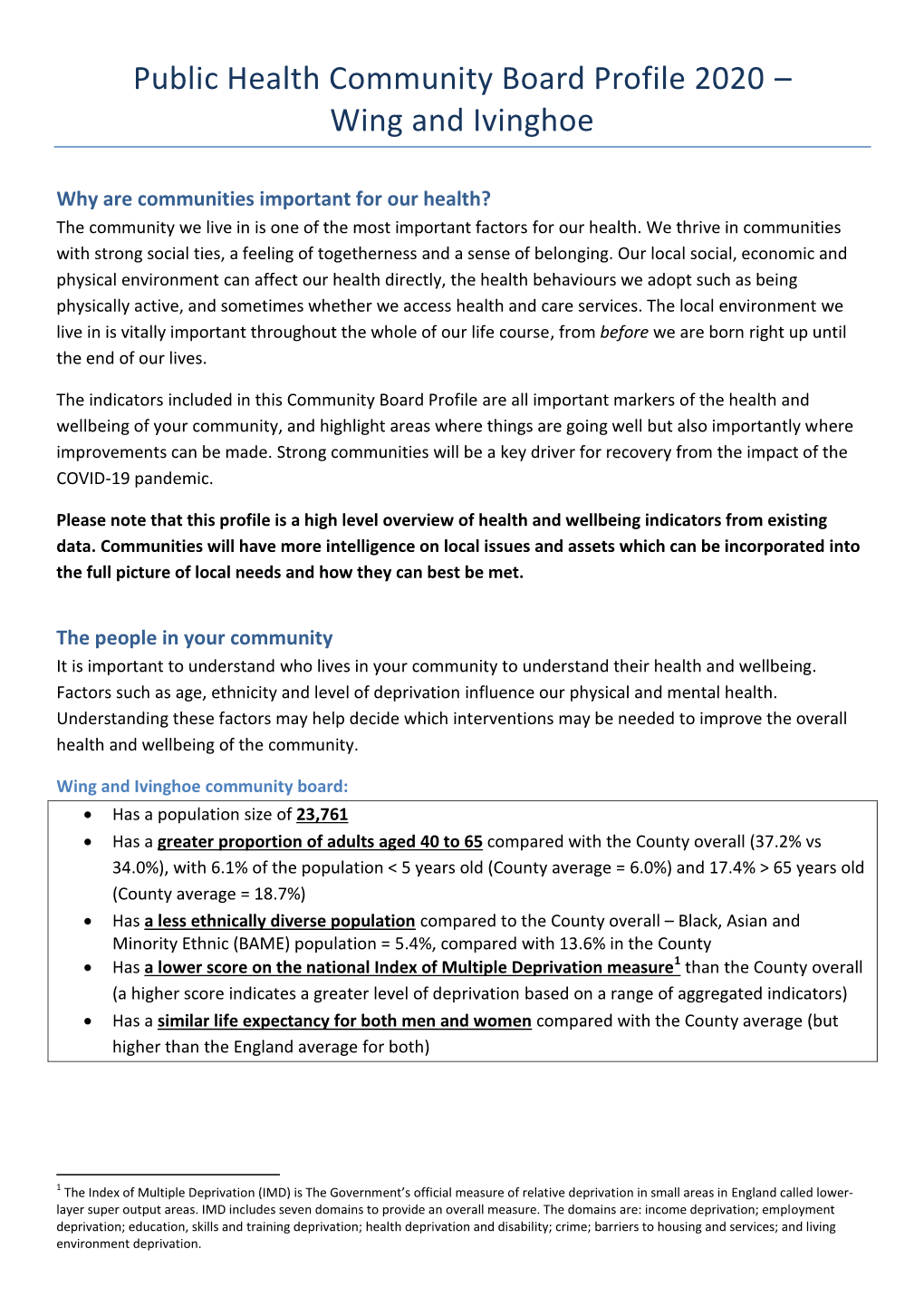 Public Health Community Board Profile 2020 – Wing and Ivinghoe