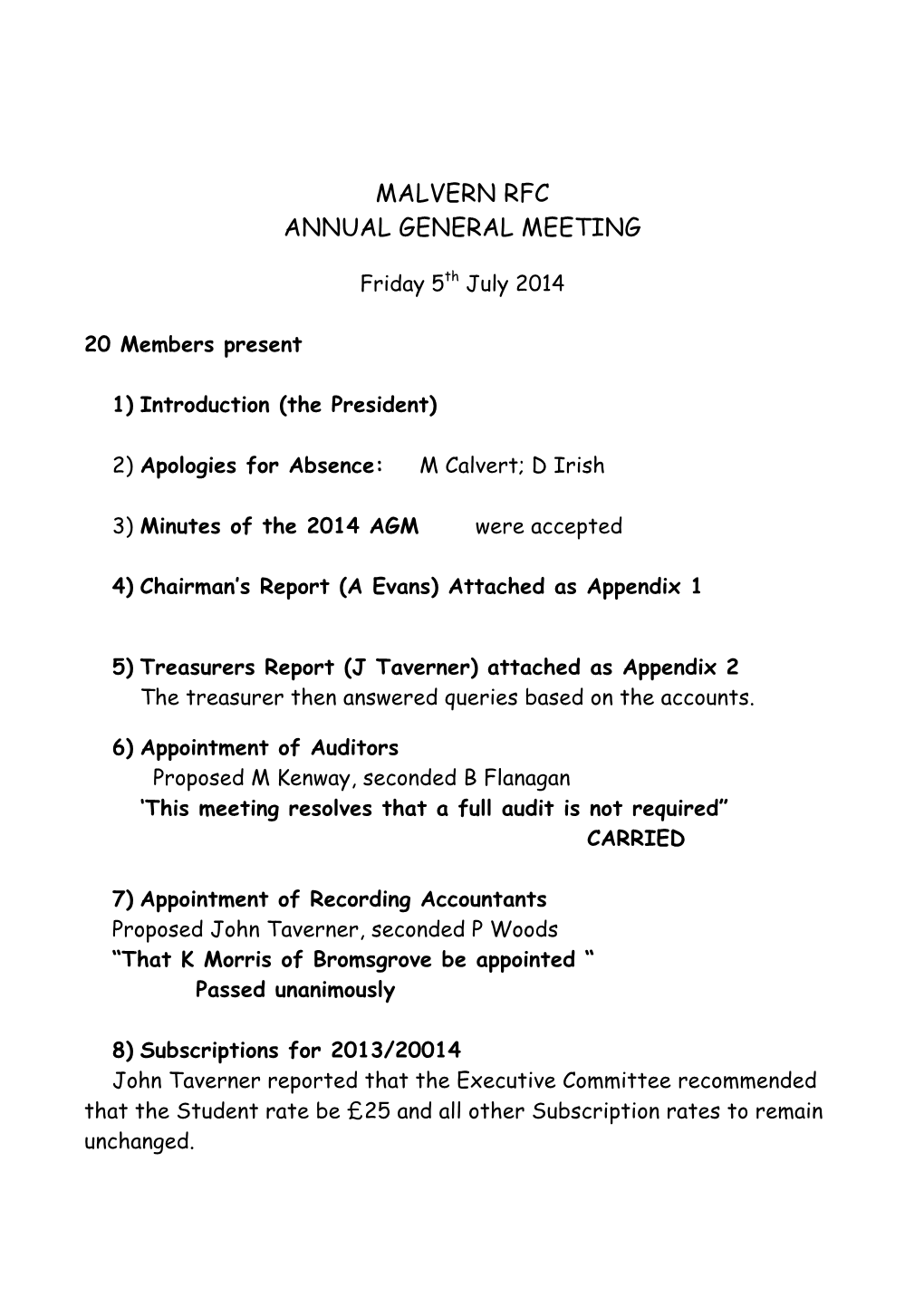 Malvern Rfc Annual General Meeting