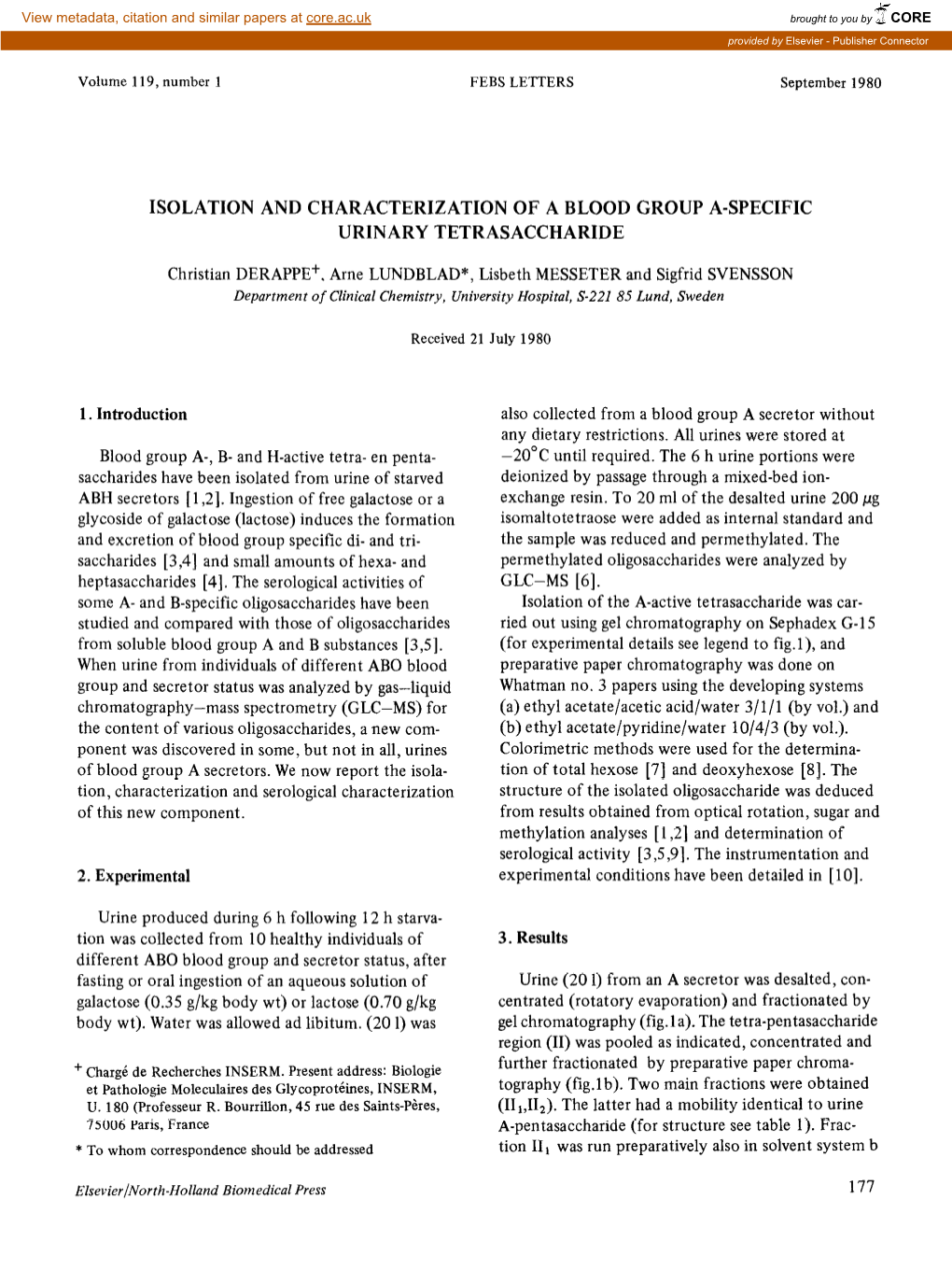 Isolation and Characterization of a Blood Group A-Specific Urinary Tetrasaccharide