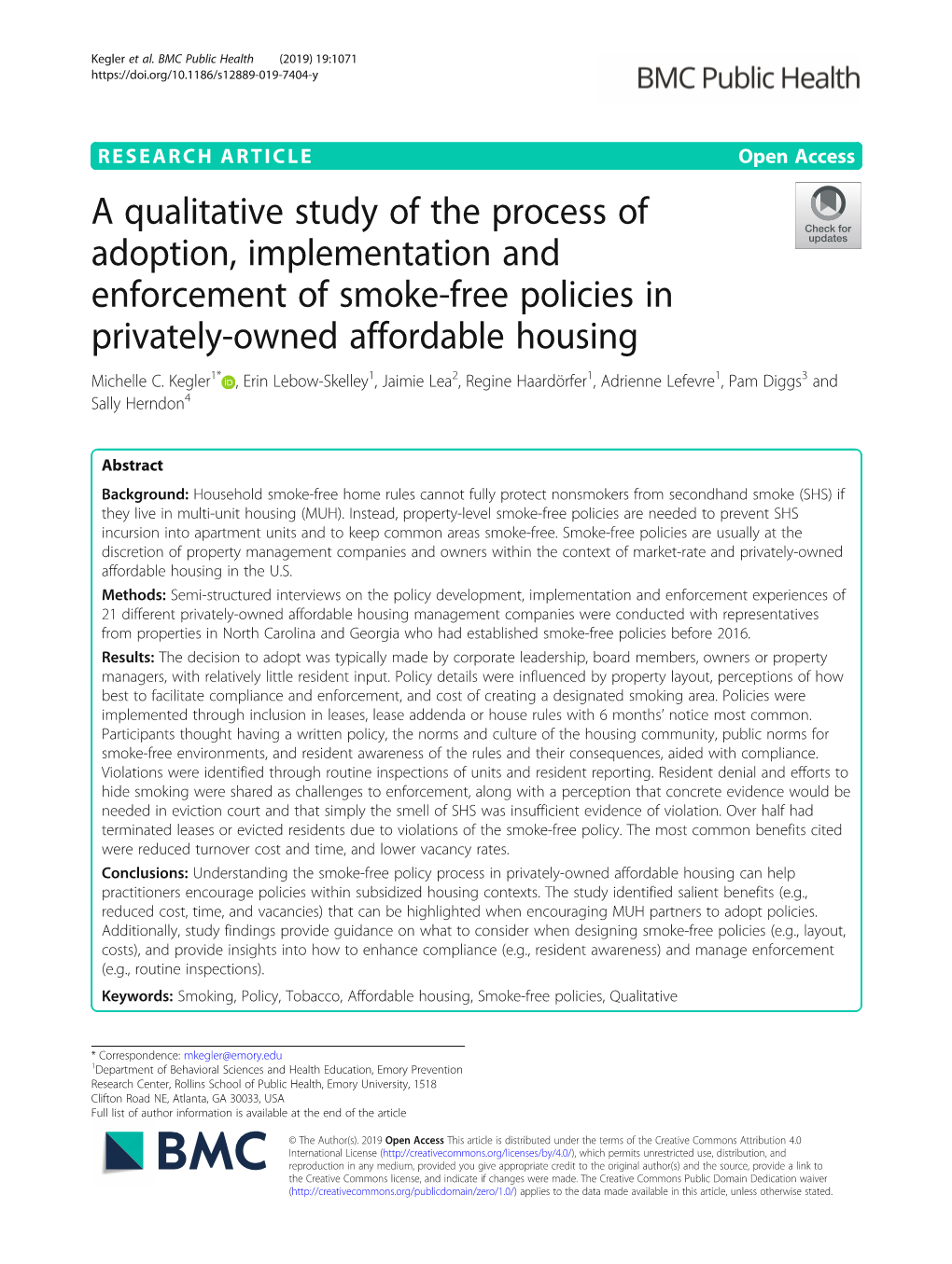 A Qualitative Study of the Process of Adoption, Implementation and Enforcement of Smoke-Free Policies in Privately-Owned Affordable Housing Michelle C