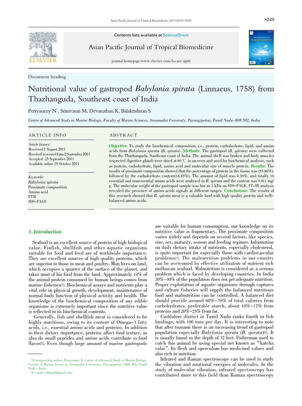 Nutritional Value of Gastropod Babylonia Spirata (Linnaeus, 1758) from Thazhanguda, Southeast Coast of India