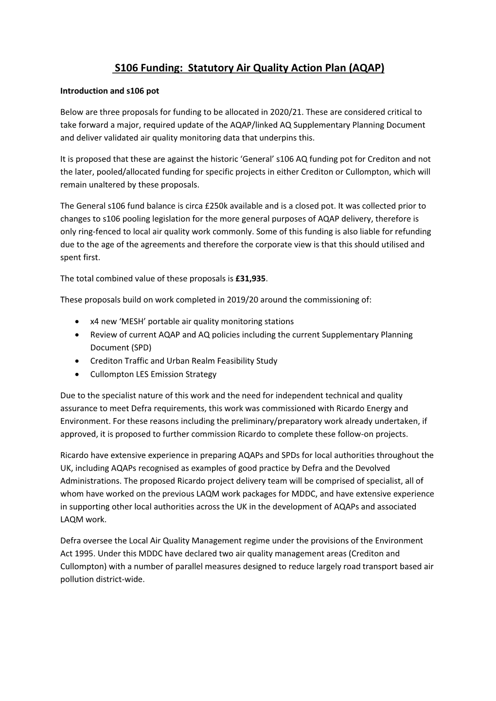 S106 Funding: Statutory Air Quality Action Plan (AQAP)