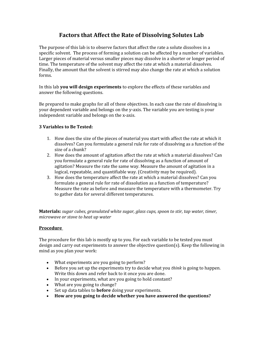 Factors That Affect the Rate of Dissolving Solutes Lab