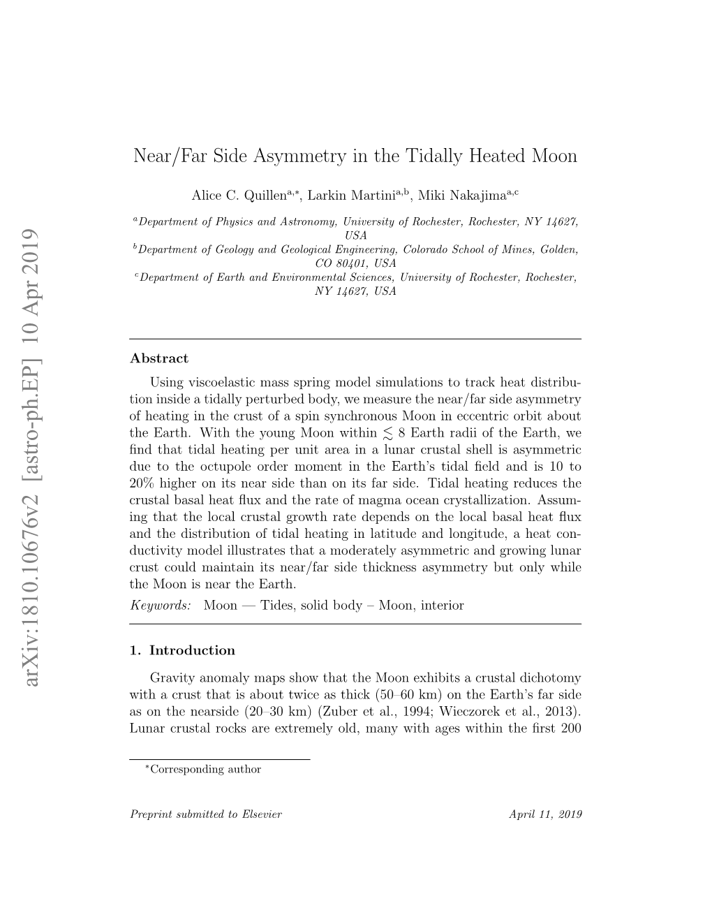 Near/Far Side Asymmetry in the Tidally Heated Moon