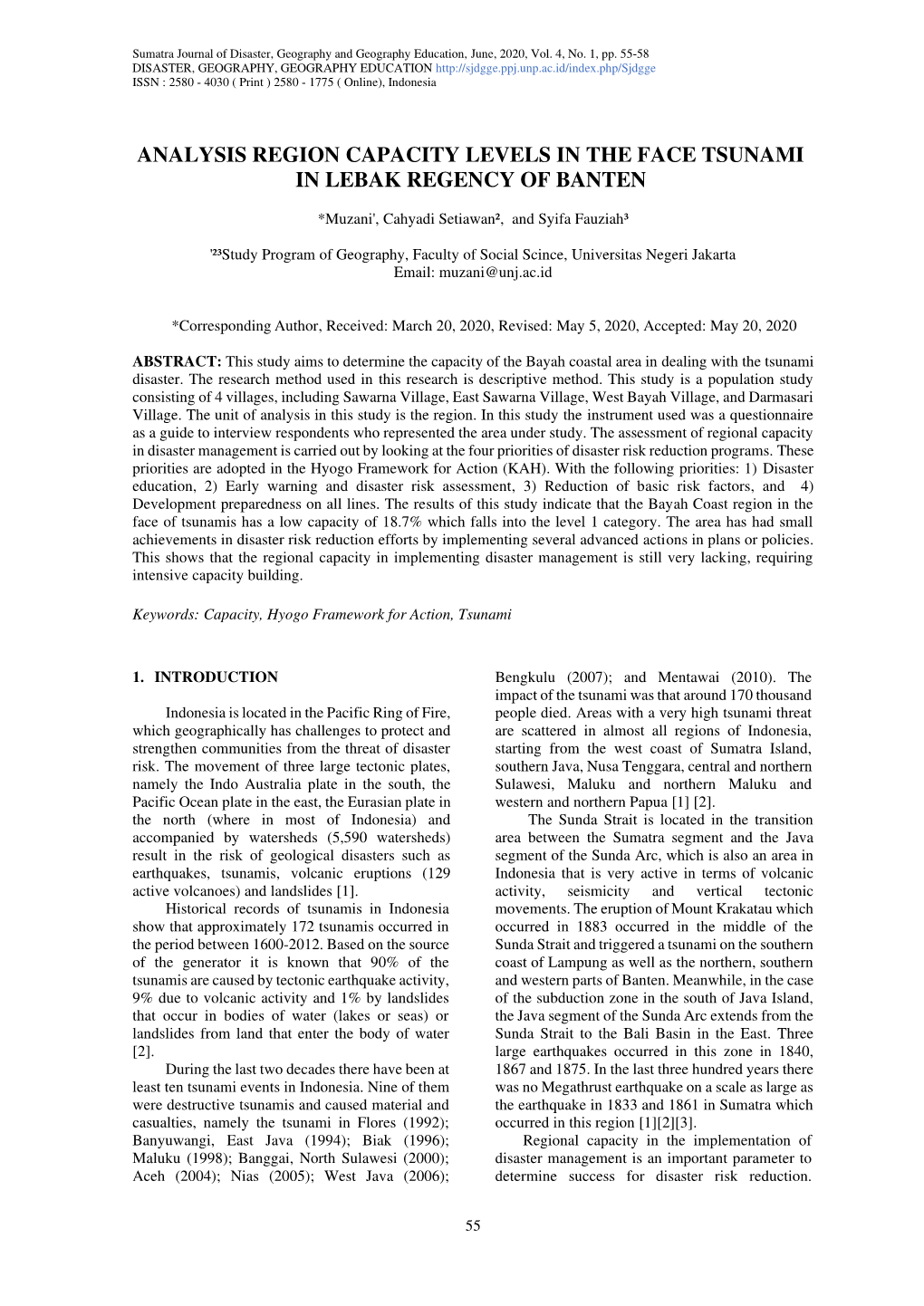 Analysis Region Capacity Levels in the Face Tsunami in Lebak Regency of Banten