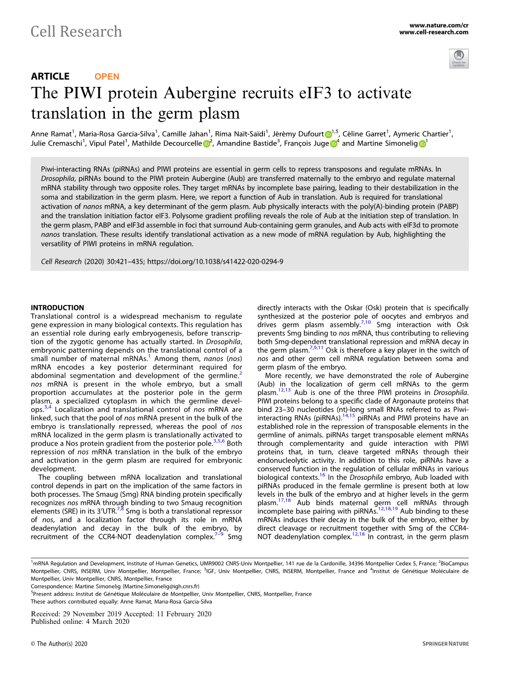 The PIWI Protein Aubergine Recruits Eif3 to Activate Translation in the Germ Plasm