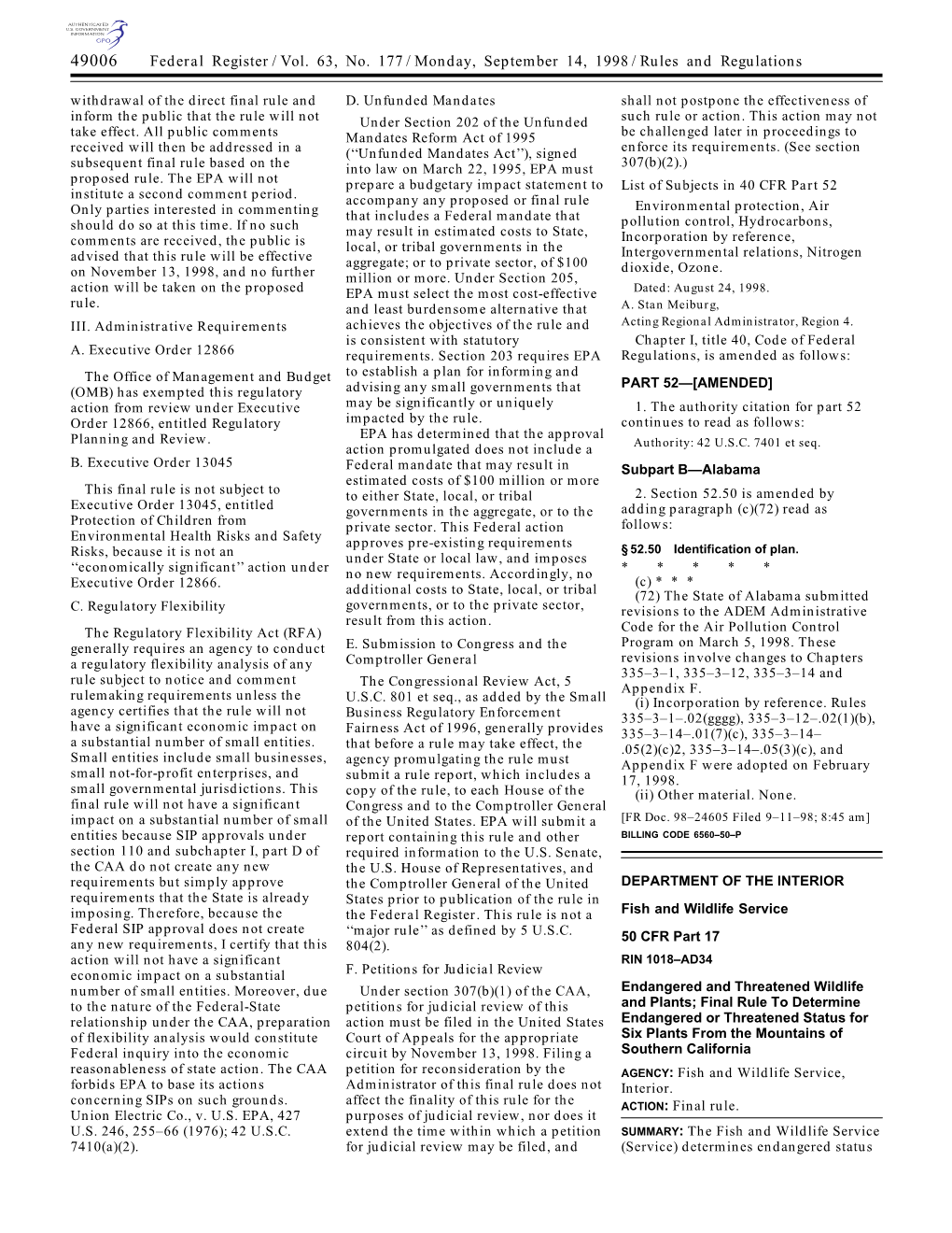 Federal Register/Vol. 63, No. 177/Monday, September 14, 1998