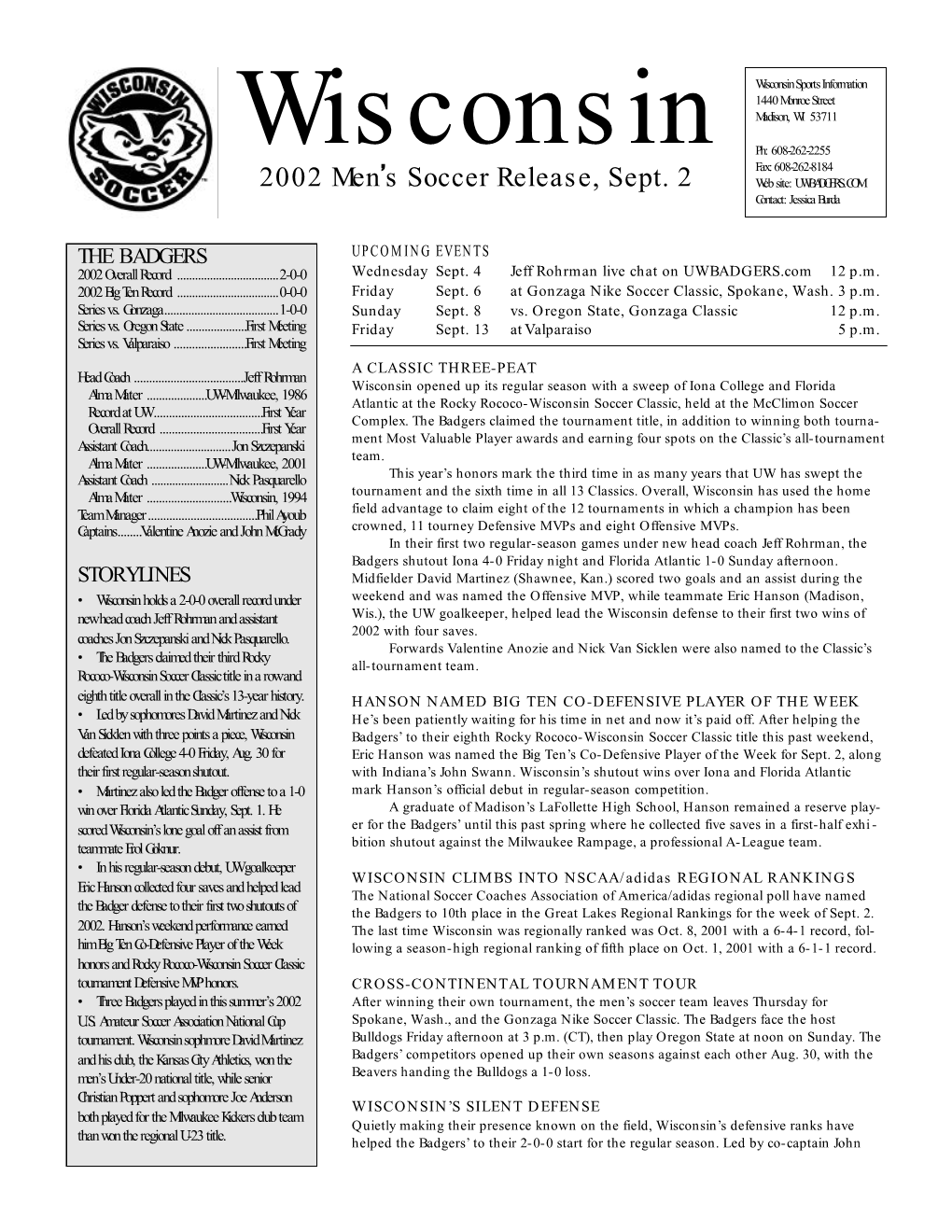 2002 Men's Soccer Release, Sept. 2