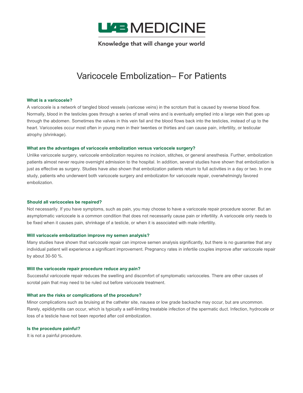 Varicocele Embolization– for Patients