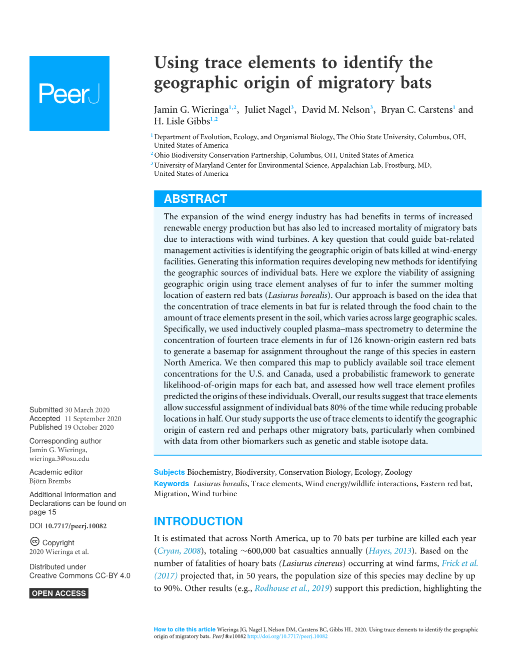 Using Trace Elements to Identify the Geographic Origin of Migratory Bats