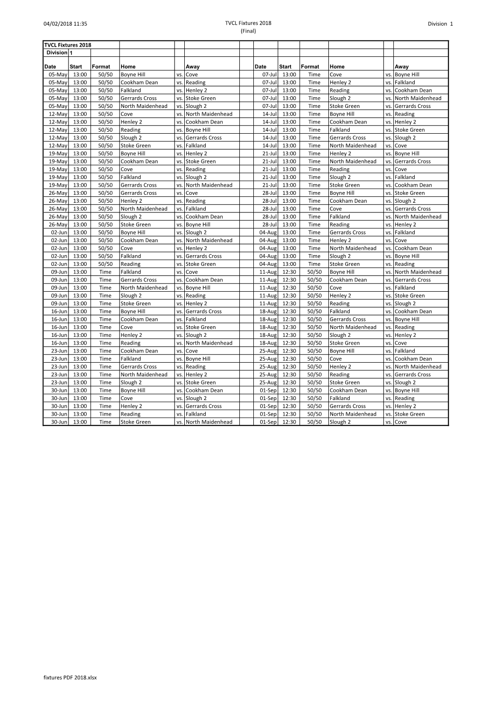 Division 1 TVCL Fixtures 2018 05-May 13:00 50/50 Boyne Hill Vs