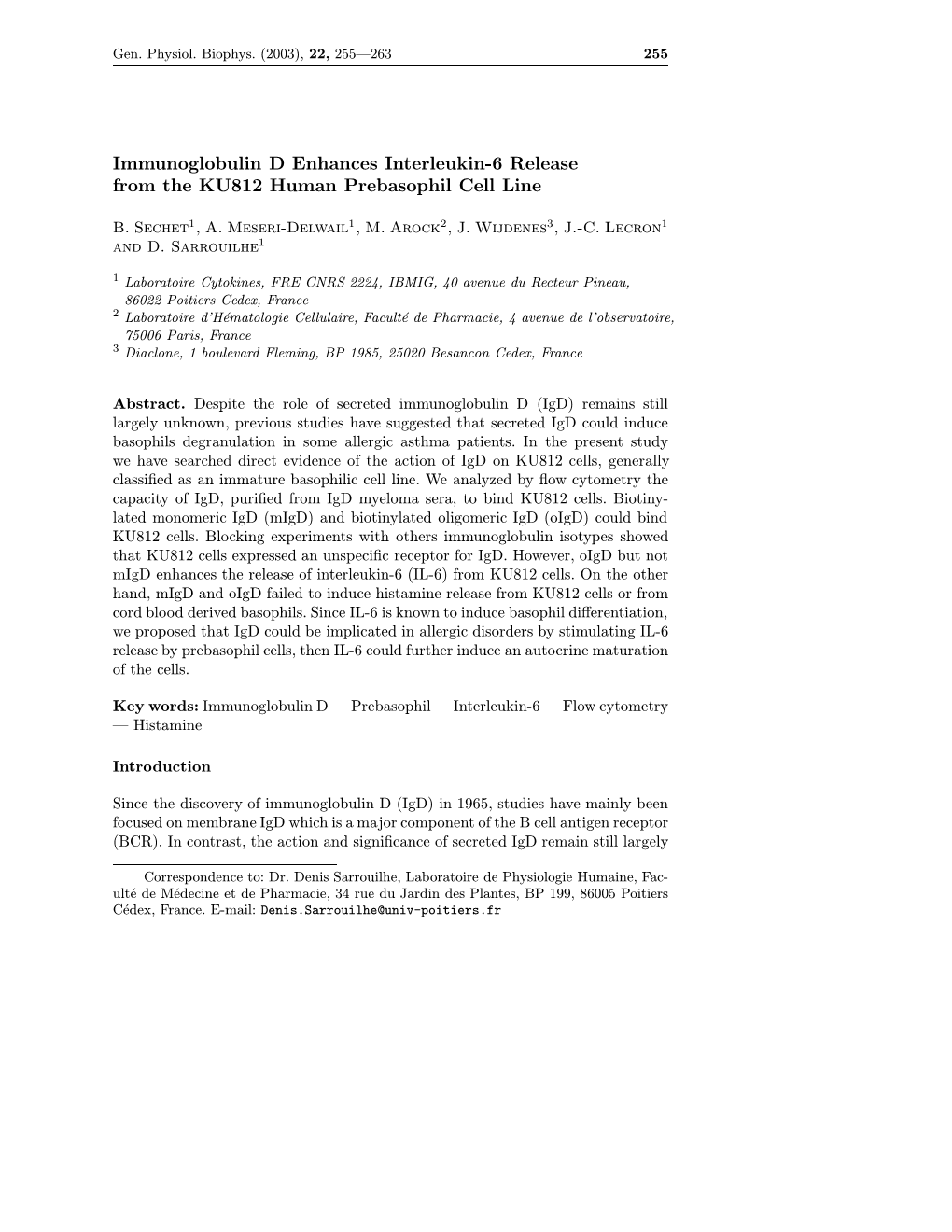 Immunoglobulin D Enhances Interleukin-6 Release from the KU812 Human Prebasophil Cell Line