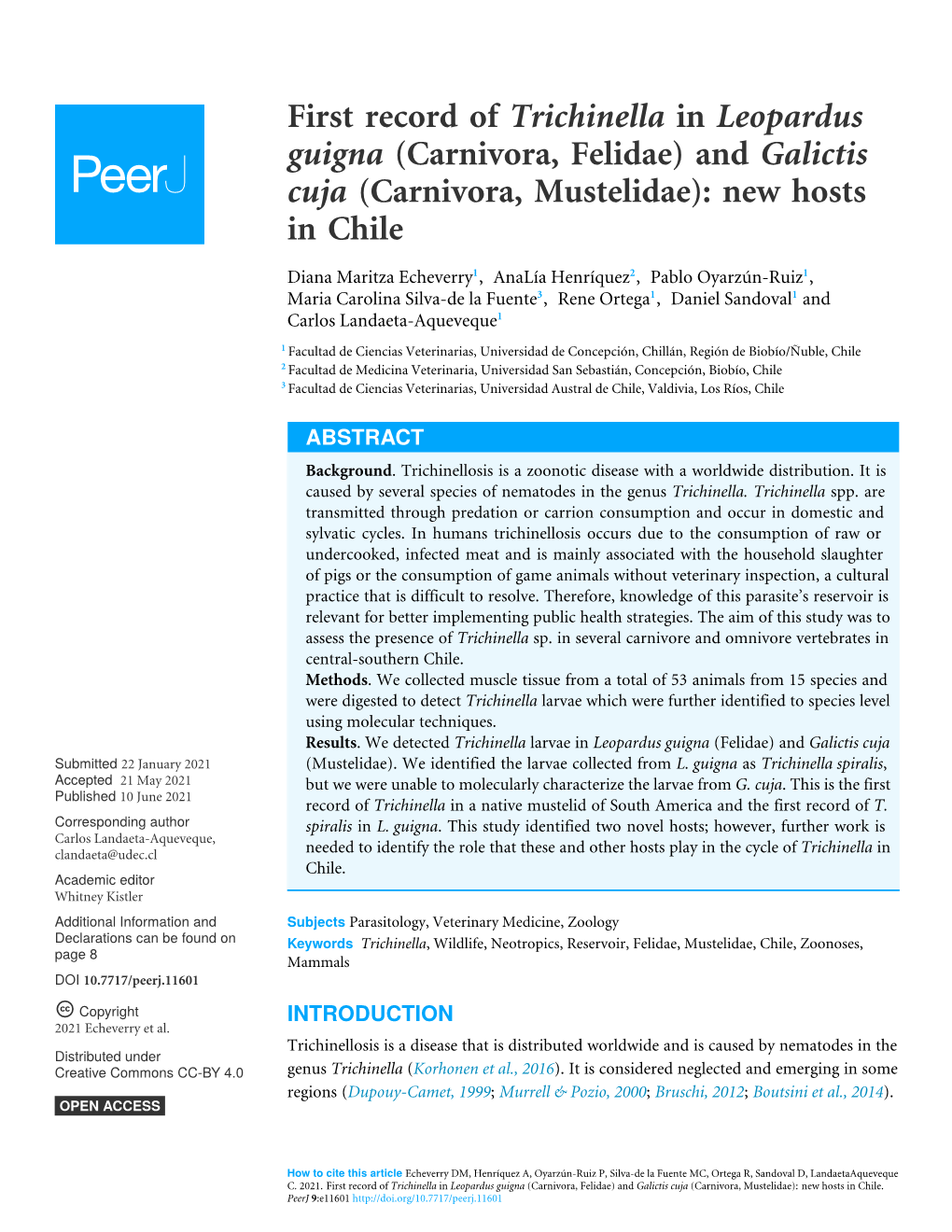 And Galictis Cuja (Carnivora, Mustelidae): New Hosts in Chile