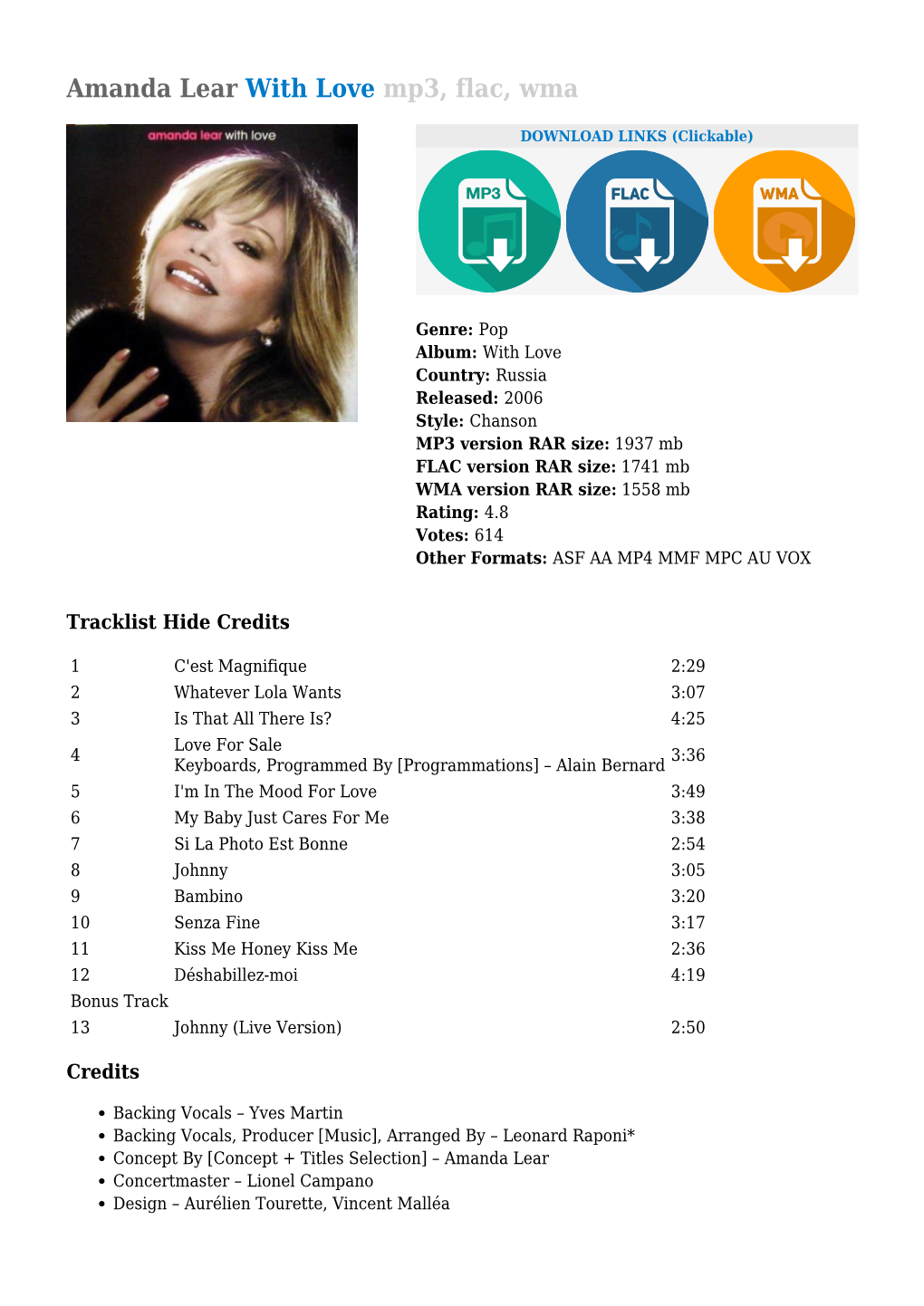 Amanda Lear with Love Mp3, Flac, Wma