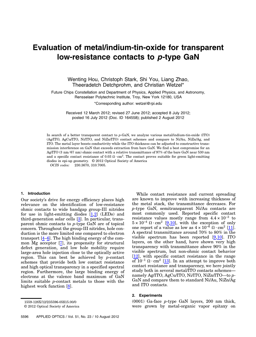 Evaluation of Metal/Indium-Tin-Oxide for Transparent Low-Resistance Contacts to P-Type Gan