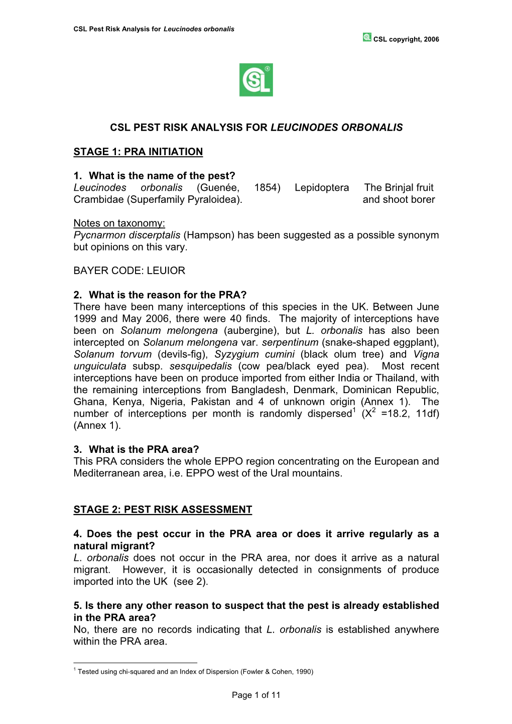 CSL PEST RISK ANALYSIS for LEUCINODES ORBONALIS STAGE 1: PRA INITIATION 1. What Is the Name of the Pest? Leucinodes Orbonalis (G