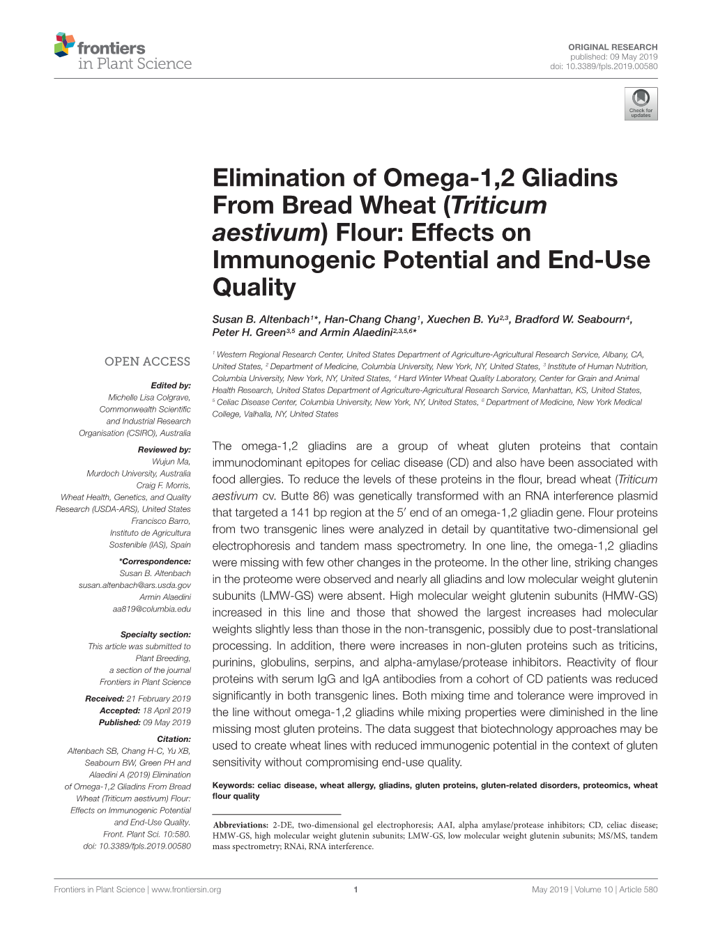 Elimination of Omega-1,2 Gliadins from Bread Wheat (Triticum Aestivum) Flour: Effects on Immunogenic Potential and End-Use Quality