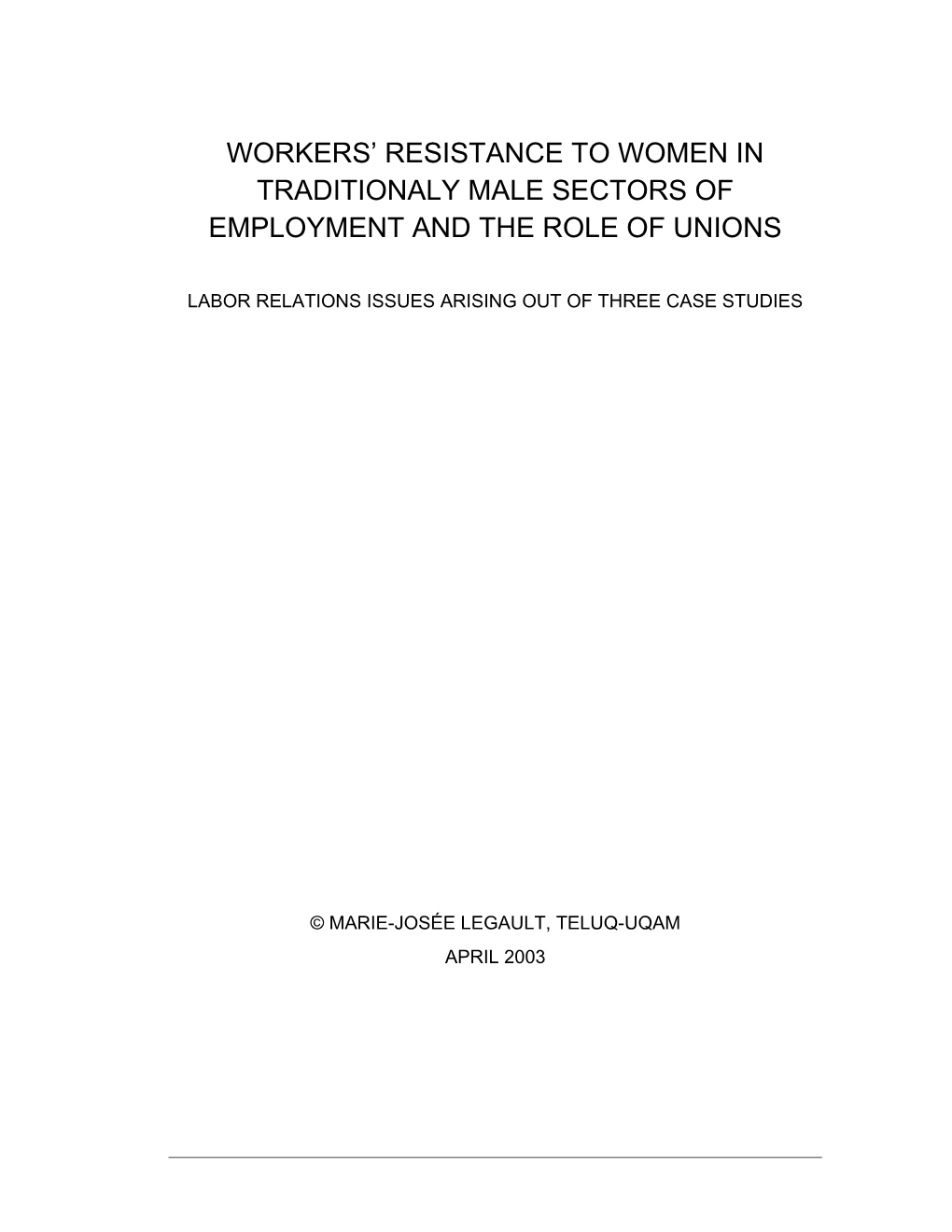 Men S Resistance to Women in Non-Traditional Sectors of Employment