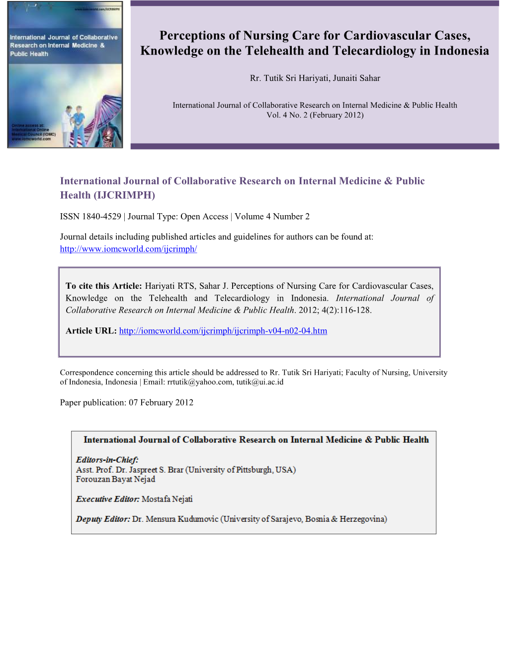 Perceptions of Nursing Care for Cardiovascular Cases, Knowledge on the Telehealth and Telecardiology in Indonesia