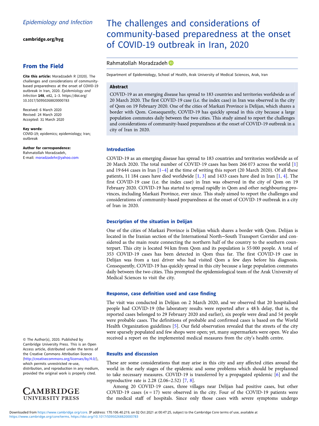 The Challenges and Considerations of Community-Based Preparedness at the Onset Cambridge.Org/Hyg of COVID-19 Outbreak in Iran, 2020