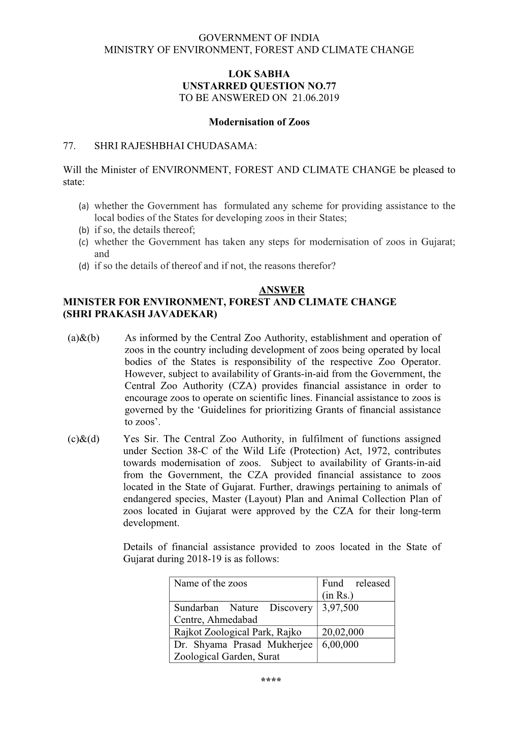 Government of India Ministry of Environment, Forest and Climate Change Lok Sabha Unstarred Question No.77 to Be Answered On