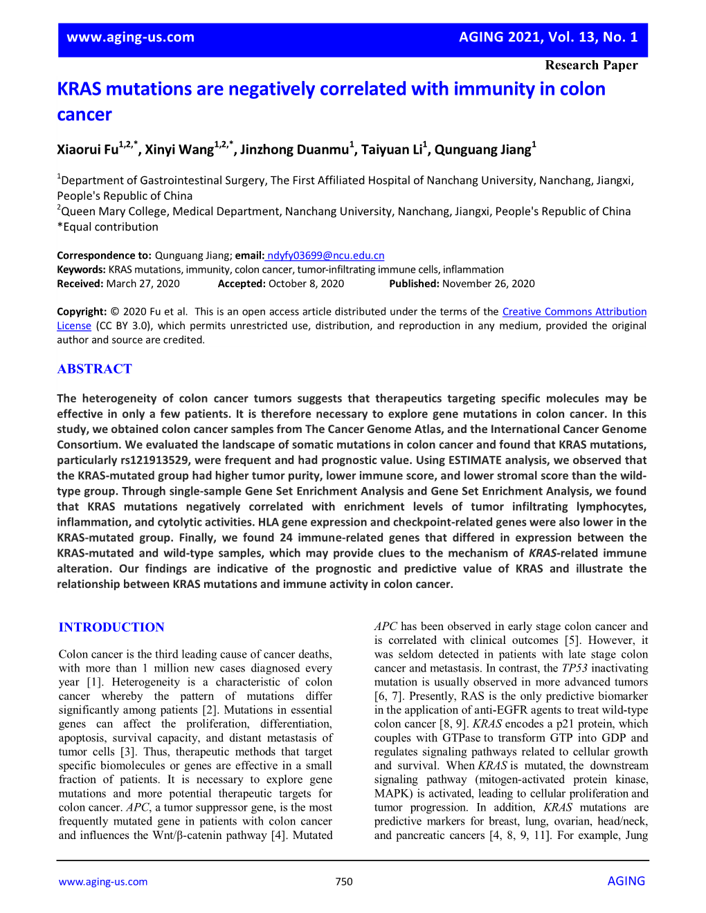 KRAS Mutations Are Negatively Correlated with Immunity in Colon Cancer