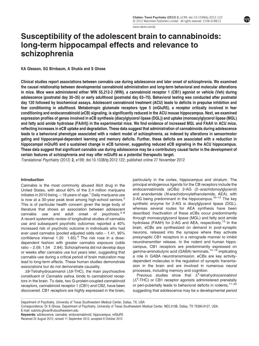 Susceptibility of the Adolescent Brain to Cannabinoids: Long-Term Hippocampal Effects and Relevance to Schizophrenia