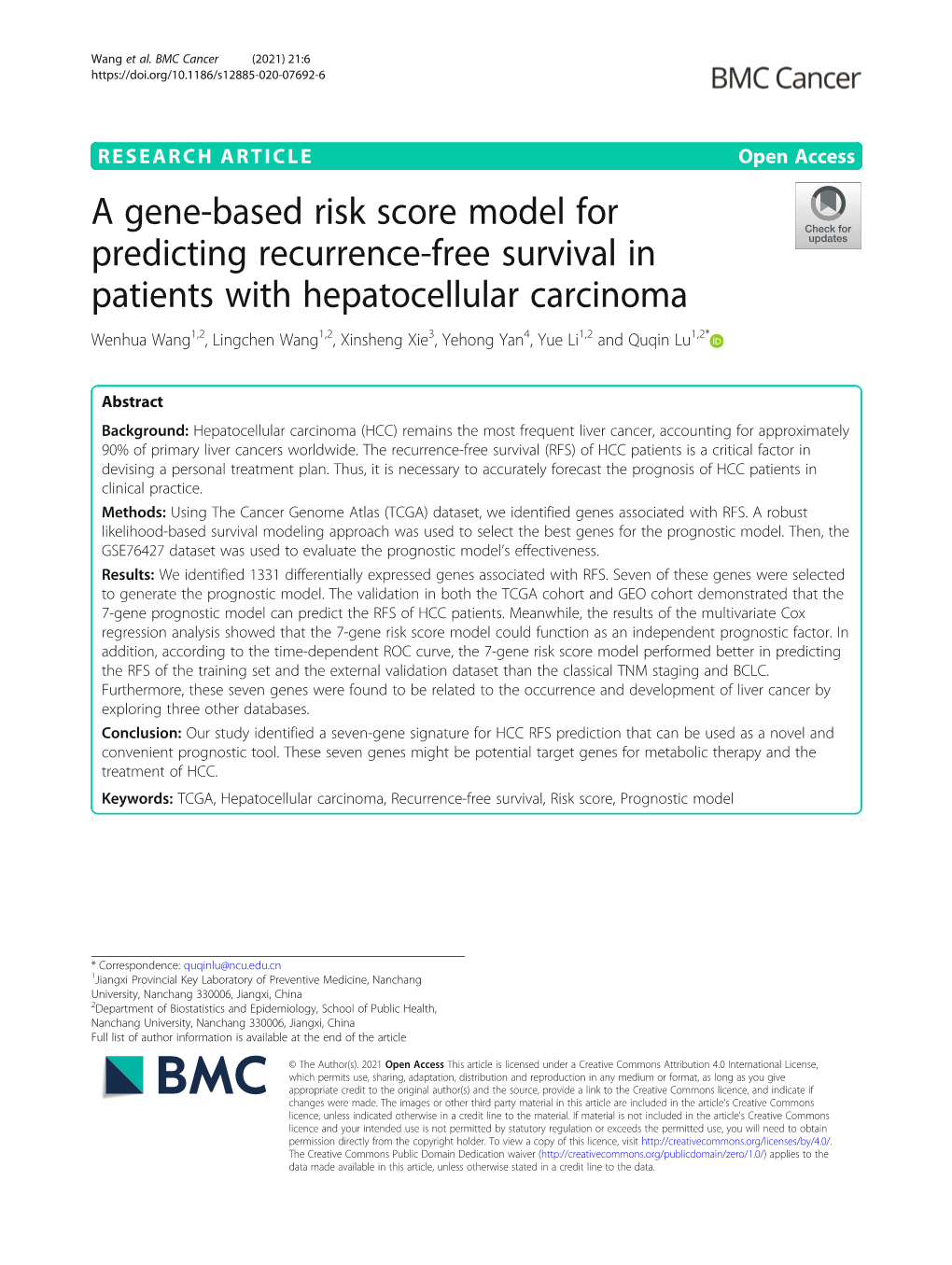 A Gene-Based Risk Score Model for Predicting Recurrence-Free Survival