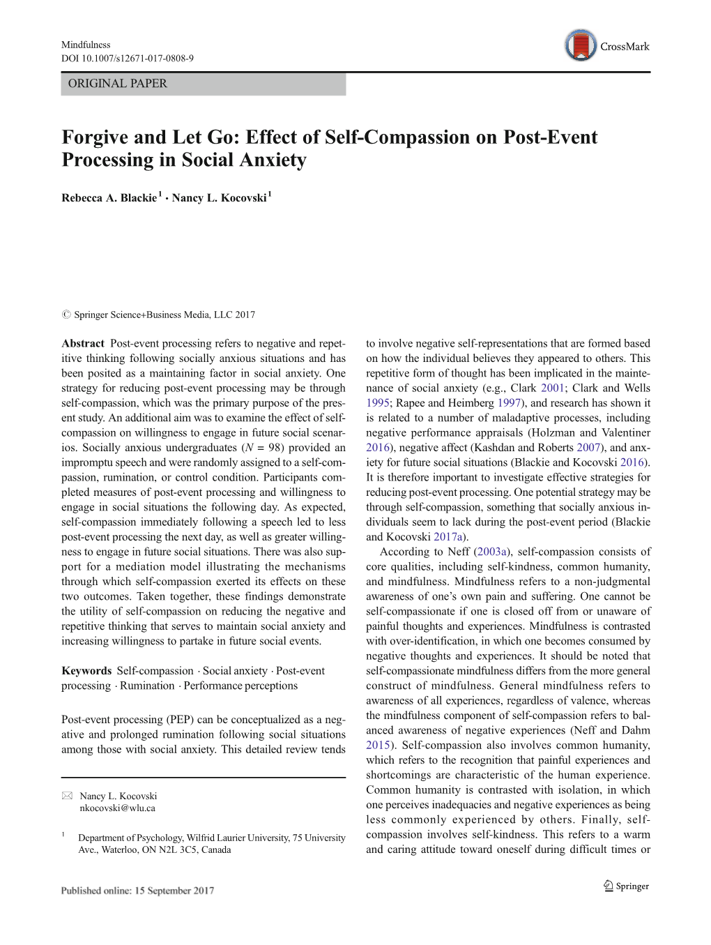 Effect of Self-Compassion on Post-Event Processing in Social Anxiety