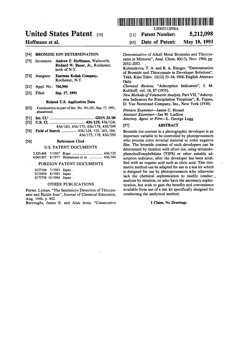 United States Patent (19) 11 Patent Number: 5,212,098 Hoffmann Et Al