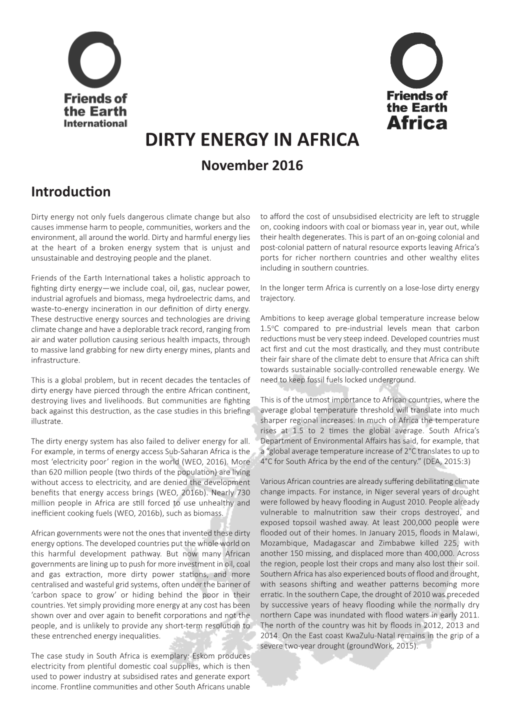 DIRTY ENERGY in AFRICA November 2016 Introduction