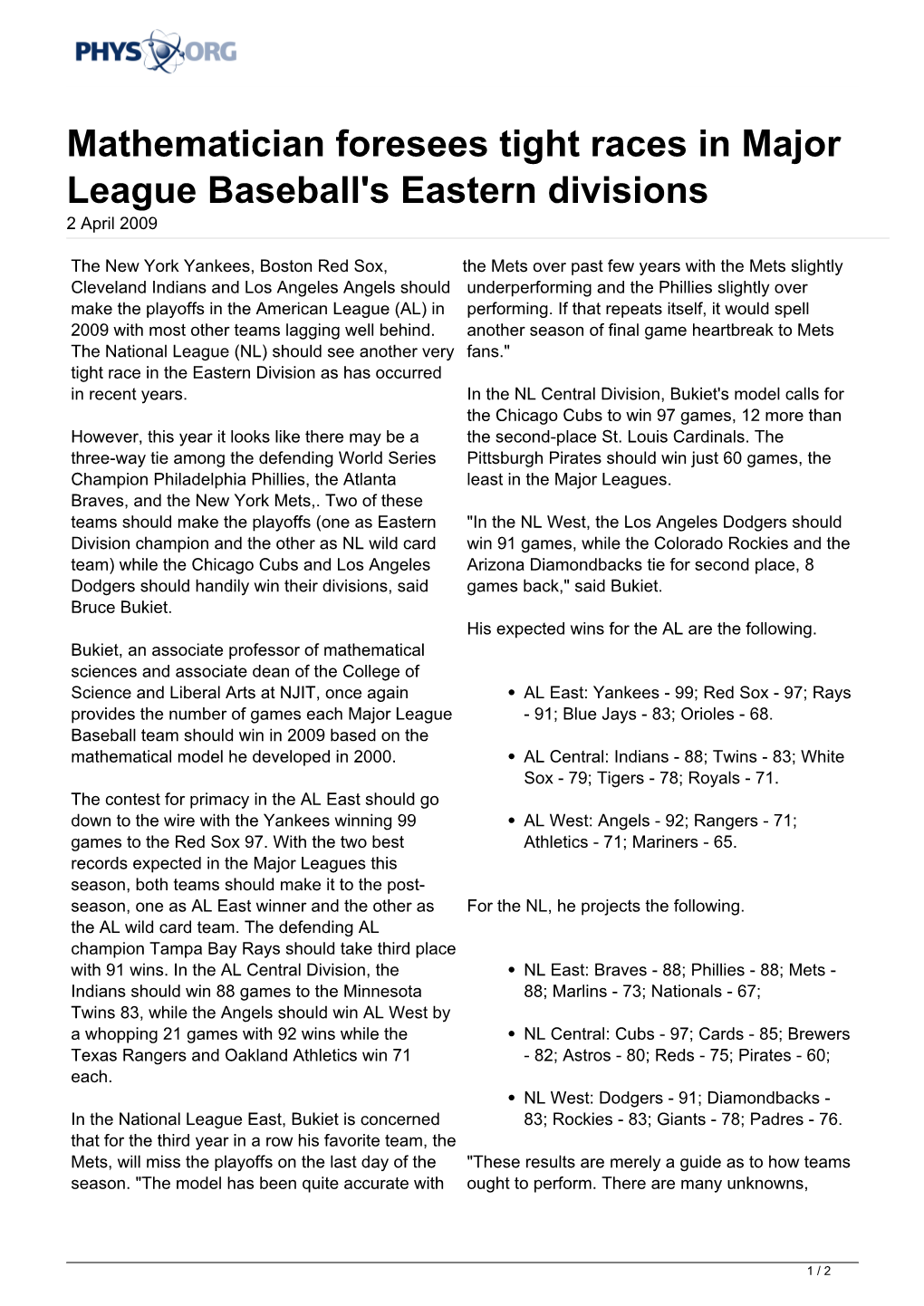 Mathematician Foresees Tight Races in Major League Baseball's Eastern Divisions 2 April 2009