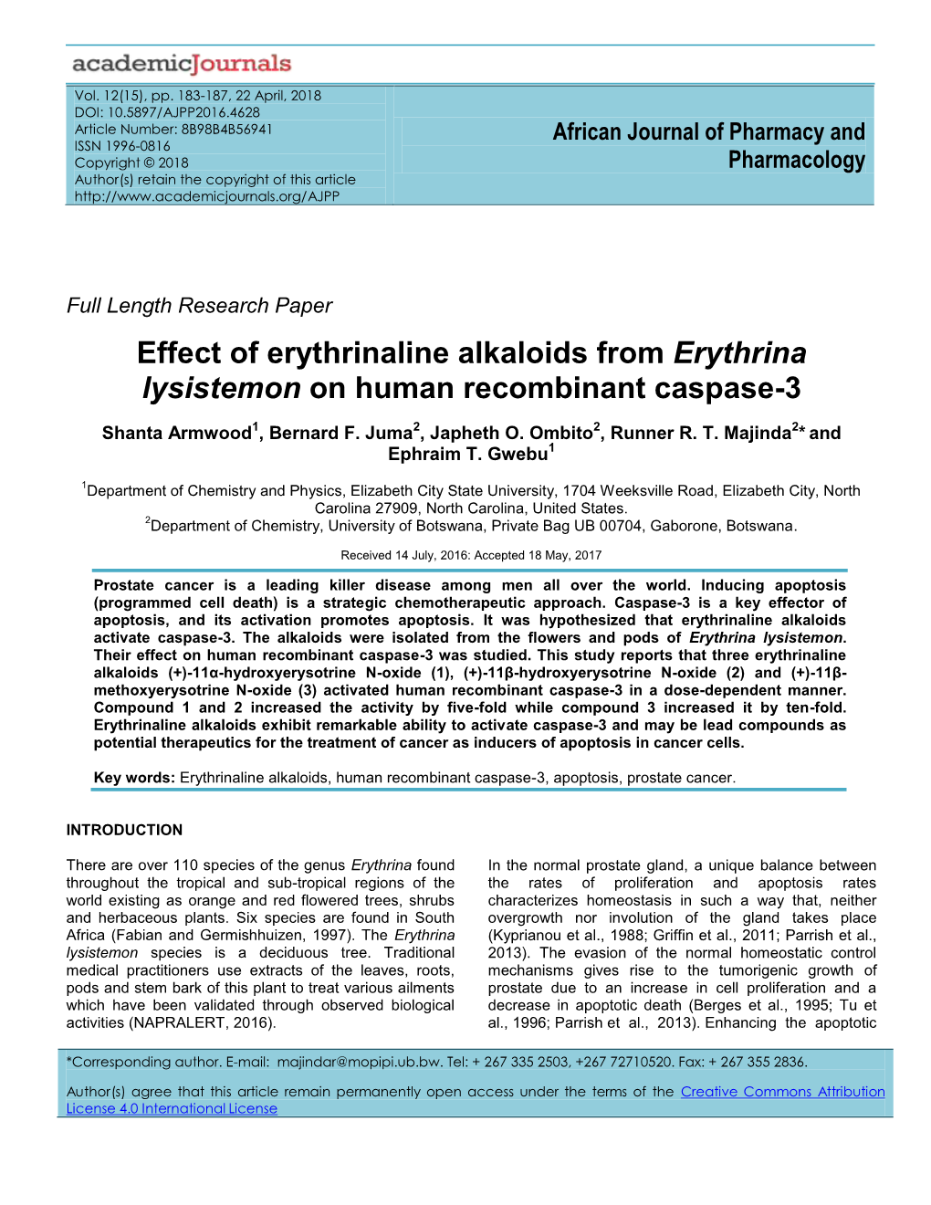 Effect of Erythrinaline Alkaloids from Erythrina Lysistemon on Human Recombinant Caspase-3