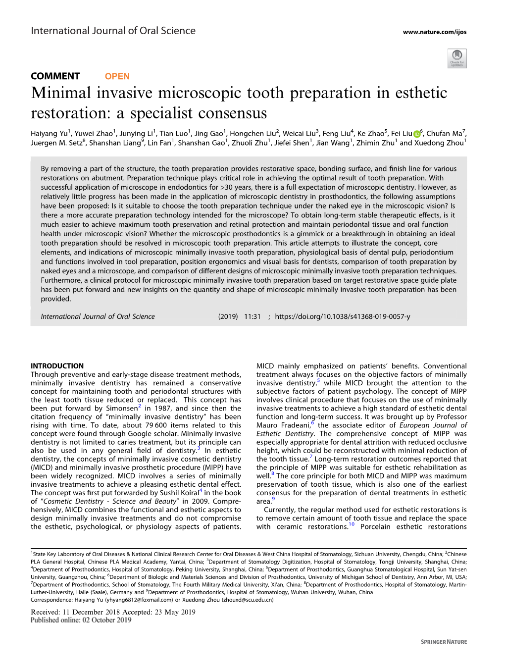 Minimal Invasive Microscopic Tooth Preparation in Esthetic Restoration: a Specialist Consensus